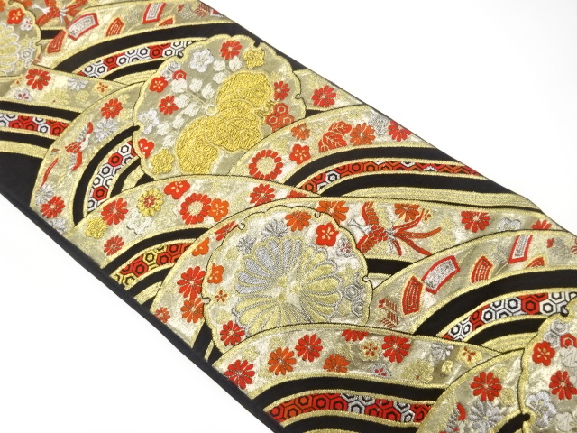 アンティーク　雪輪に桐・菊・鳳凰模様織り出し袋帯（着用可）